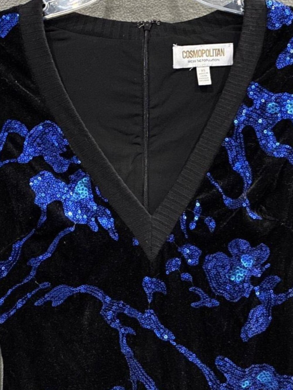 Cosmo Dress the Population Collab Metallic Blue Black Sequin Midi Dress - XS - Picture 3 of 6